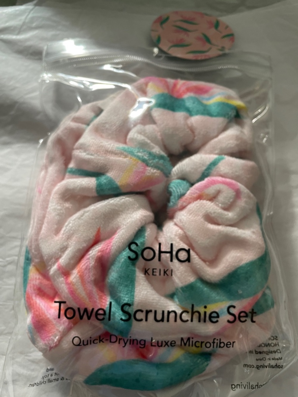 2 SoHa Keiki Towel Scrunchie- Pink Teal Floral